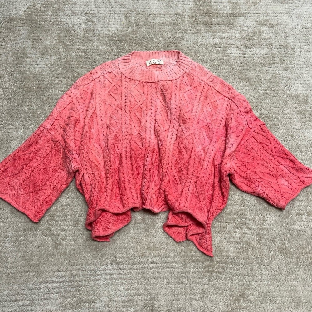Free People Pink Ombre 3/4 Sleeve Boxy Cropped Washed Ashore Sweater Size M